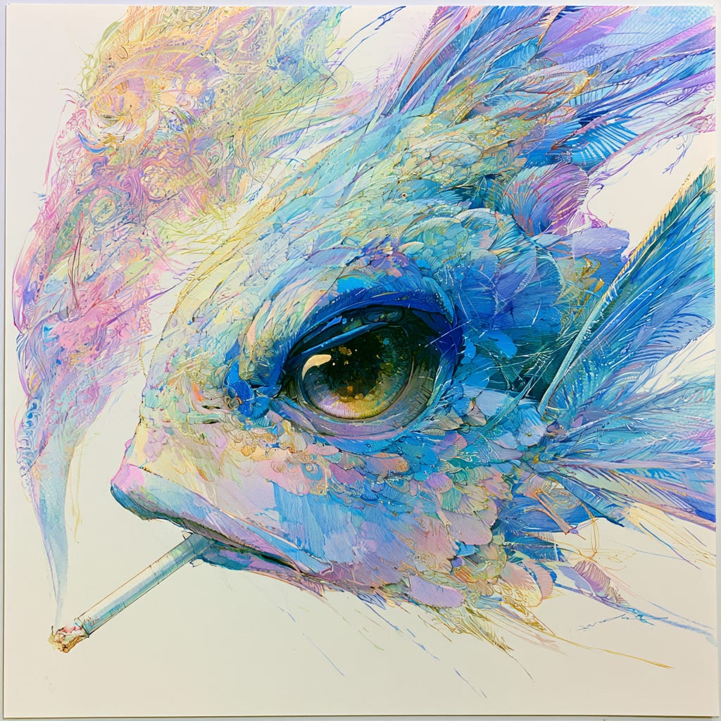 An elegant colored ink illustration of a serene fish head having a smoke.