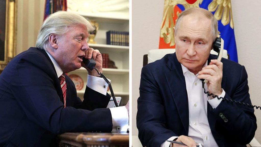 A split image shows Trump on the left and Putin on the right. Trump is seen from the side while Putin is pictured head on. Both men are wearing suits and hold phones up to their ears. Trump has white hair while Putin is balding and has grey hair