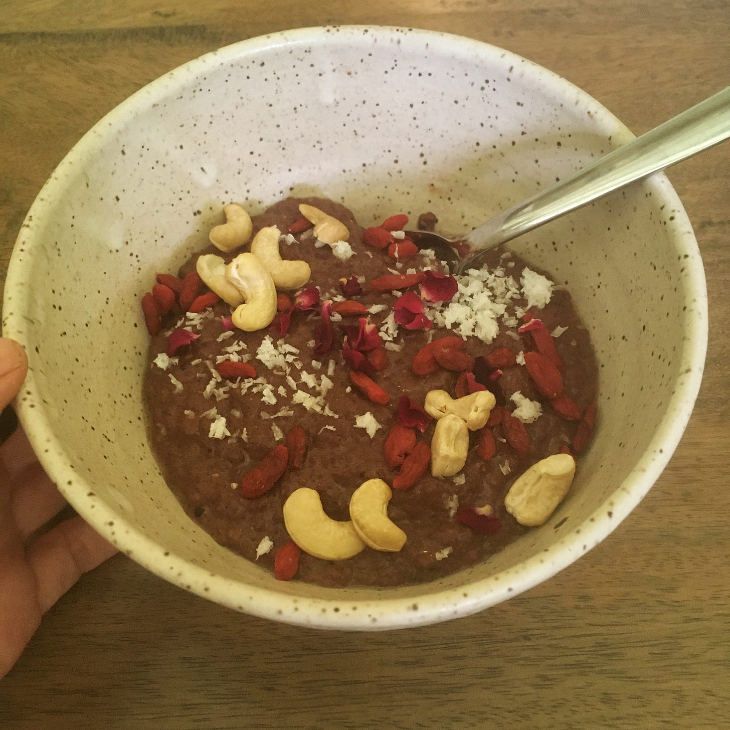 Chocolate chia porridge with cashew goji berry and coconut in a white speckled bowl