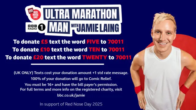 Text to donate terms for Jamie Laing's Comic Relief challenge.