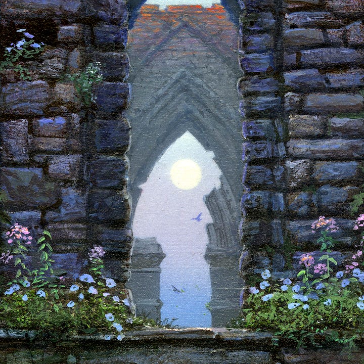 LEFT: Detail from MOON’S WINDOW featuring a worm’s eye view of a sequence of arches in a ruined abbey. The lower wall is cooler in tone as the stone is washed in pink to purple tones. Wildflowers grow in the immediate foreground as the lip of stone at the top of the steps leads up to the succeeding arches. RIGHT: Close detail from MOON’S WINDOW featuring the cool tones of the lower part of the wall and a view through successive arches to the sky beyond. The final arch is broken, taller on the left which serves to direct the eye to the moon, a pure white orb hanging just beneath the point of the last complete arch. A pair of birds with wings extended soar in opposite directions, providing implied motion across the opening.