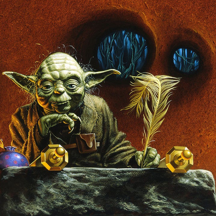 LEFT: Detail from YOURS TRULY featuring Yoda sitting with chin resting on the back of his hand. His chubby fingers end with curling talons, but he stares at the reader directly with a warmth radiating from his round, wizened face. Wrinkles line his face, not singular creases but layered like strata over his eye lids and forehead. His long ears point outward at different angles. Filaments of hair catch the light. A scroll is rolled out on his desk. His other hand rests on a scroll rolled out on his desk as if he's paused his writing to acknowledge our presence. RIGHT: Figure detail from YOURS TRULY featuring Yoda sitting at a stone table in his hut on Dagobah. He rests his chin upon the back of his hands as he holds a feathered quill in his other hand, prepared to write on the scroll rolled out in front of him. A decorative inkwell, purple with pink polkadots, sits on the corner of the slab.