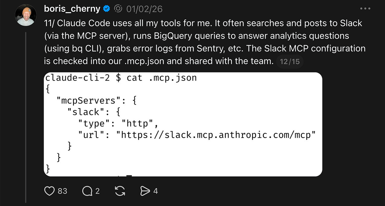 Boris using MCP servers for Slack, BigQuery, and Sentry