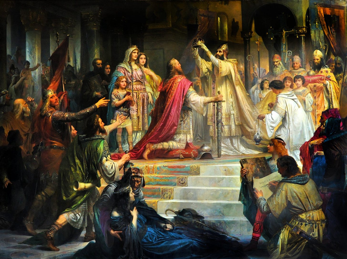 Historic painting depicting the coronation of Charlemagne as Emperor. In a grand cathedral setting, Charlemagne, dressed in regal red robes, kneels reverently. A Pope Leo III, adorned in ornate golden vestments, raises a crown above Charlemagne's head. Surrounding them, various onlookers, including knights, clergy, and nobles, witness the momentous occasion. Historic painting depicting the coronation of Charlemagne as Emperor. In a grand cathedral setting, Charlemagne, dressed in regal red robes, kneels reverently. A Pope Leo III, adorned in ornate golden vestments, raises a crown above Charlemagne's head. Surrounding them, various onlookers, including knights, clergy, and nobles, witness the momentous occasion.
