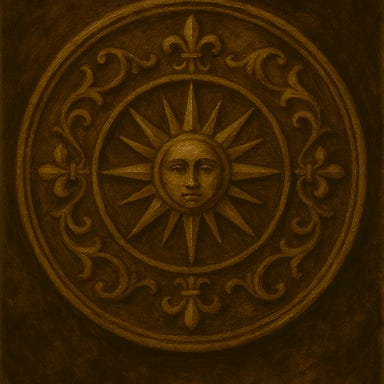 A dark fantasy image of an ornate seal of the Morninglord from Curse of Strahd. The seal is a radiant sunburst medallion with a stylized human face at its center, symbolizing divine light and hope. The rays of the sun extend outward in symmetrical patterns, alternating between long and short flares. The medallion is crafted from gold and silver, with intricate filigree and celestial motifs etched along its border. It rests on a velvet cloth atop a stone altar inside a dim chapel, illuminated by shafts of golden morning light filtering through stained glass windows. The atmosphere is reverent, warm, and sacred.