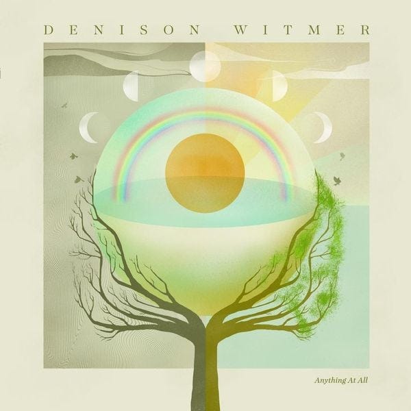 Album cover for Anything At All. It is an abstract image of a tree with its branches parted (the right half has leaves on it), which is holding up an orb that contains a sun with a rainbow over it. Above the orb are phases of the moon.