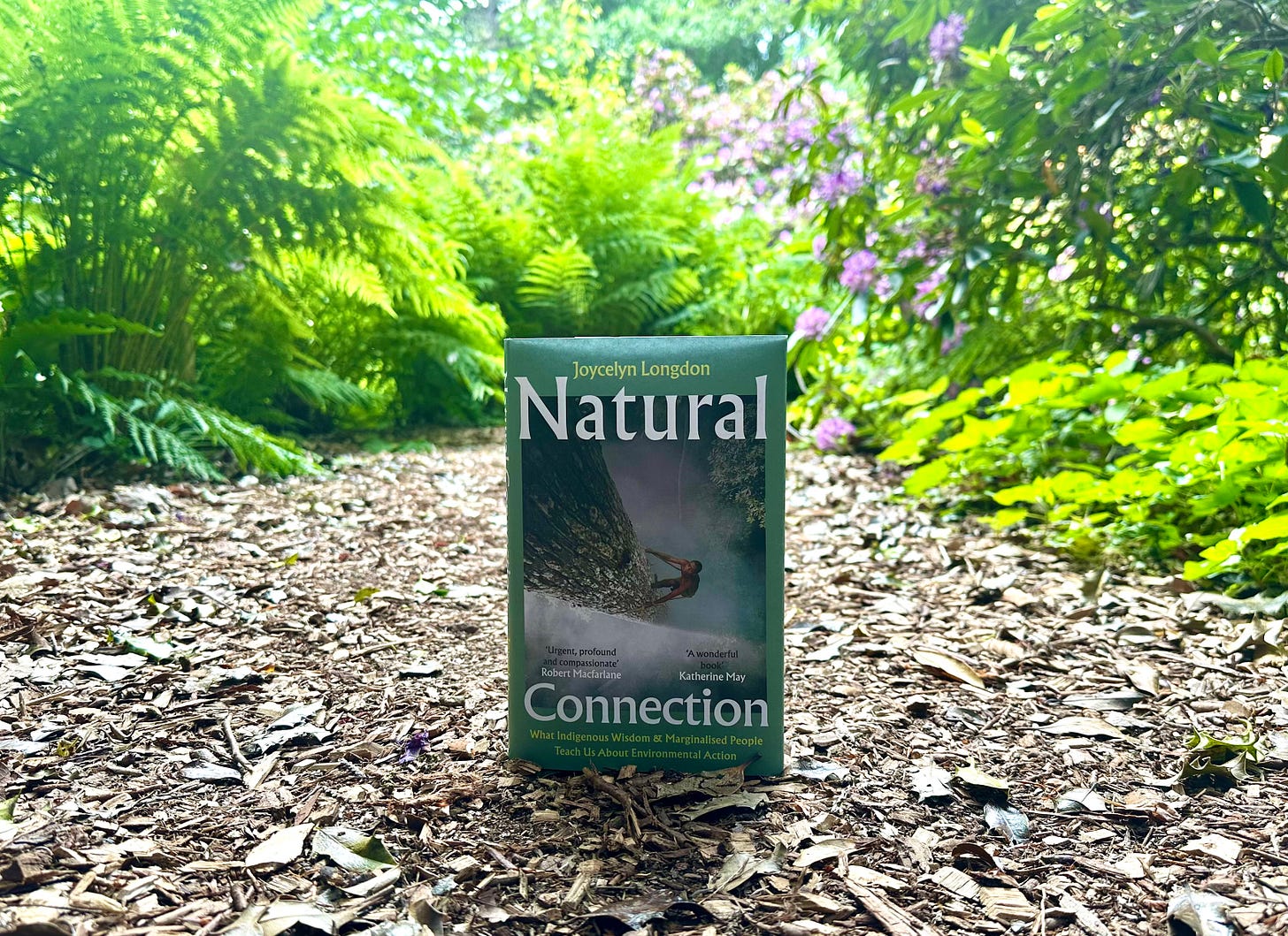 Photo of the book "Natural Connection" by Joycelyn Longdon, taken on a woodland path. On the ground there are brown wood chips and in the background there are out of focus green shrubs, plants, and purple flowers.