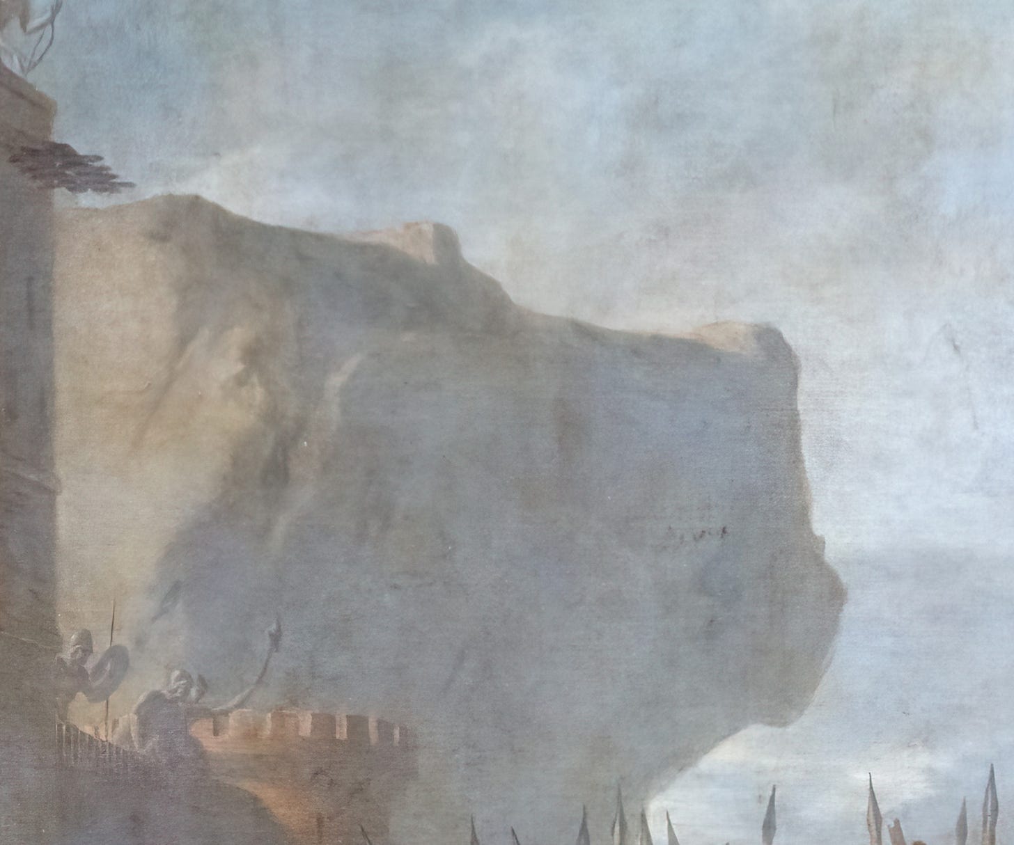 Jacques Louis David, The Intervention of the Sabine Women, 1799, Louvre, Paris. Detail: the Tarpeian Rock. Jacques Louis David, The Intervention of the Sabine Women, 1799, Louvre, Paris. Detail: the Tarpeian Rock.