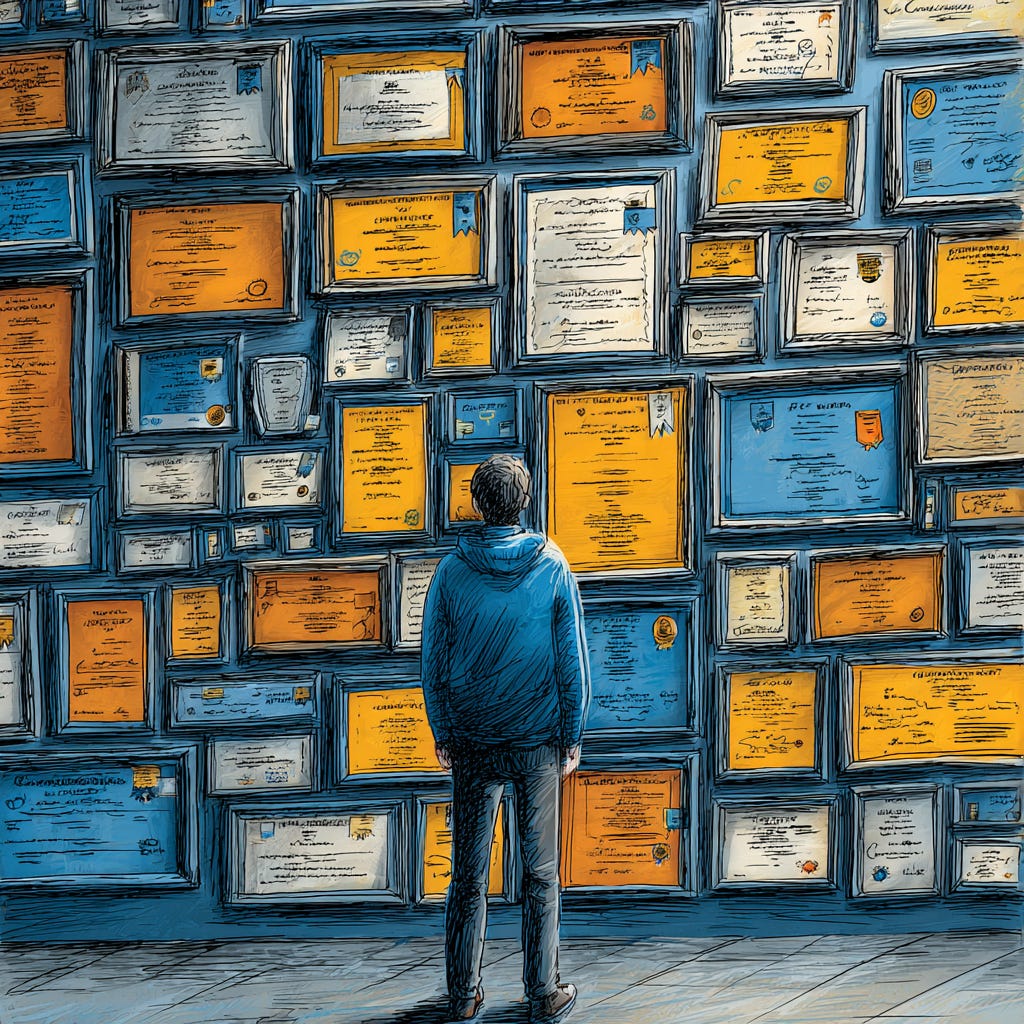 A person stands beneath a towering wall covered with framed diplomas, certificates, and awards. The overwhelming display of credentials suggests a modern identity constructed through external achievements.
