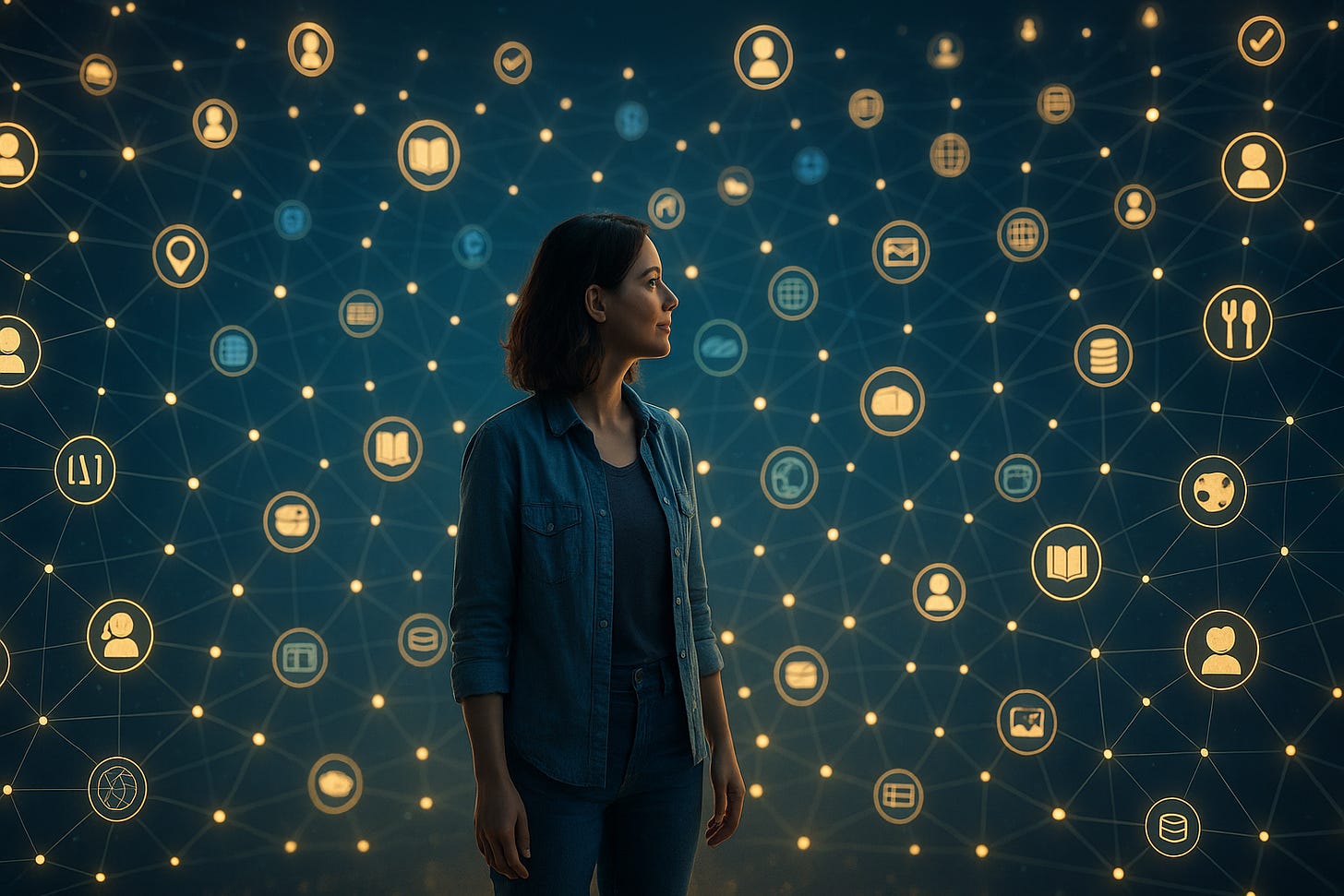 Woman surrounded by glowing network of golden icons representing cloud computing and digital connectivity. 