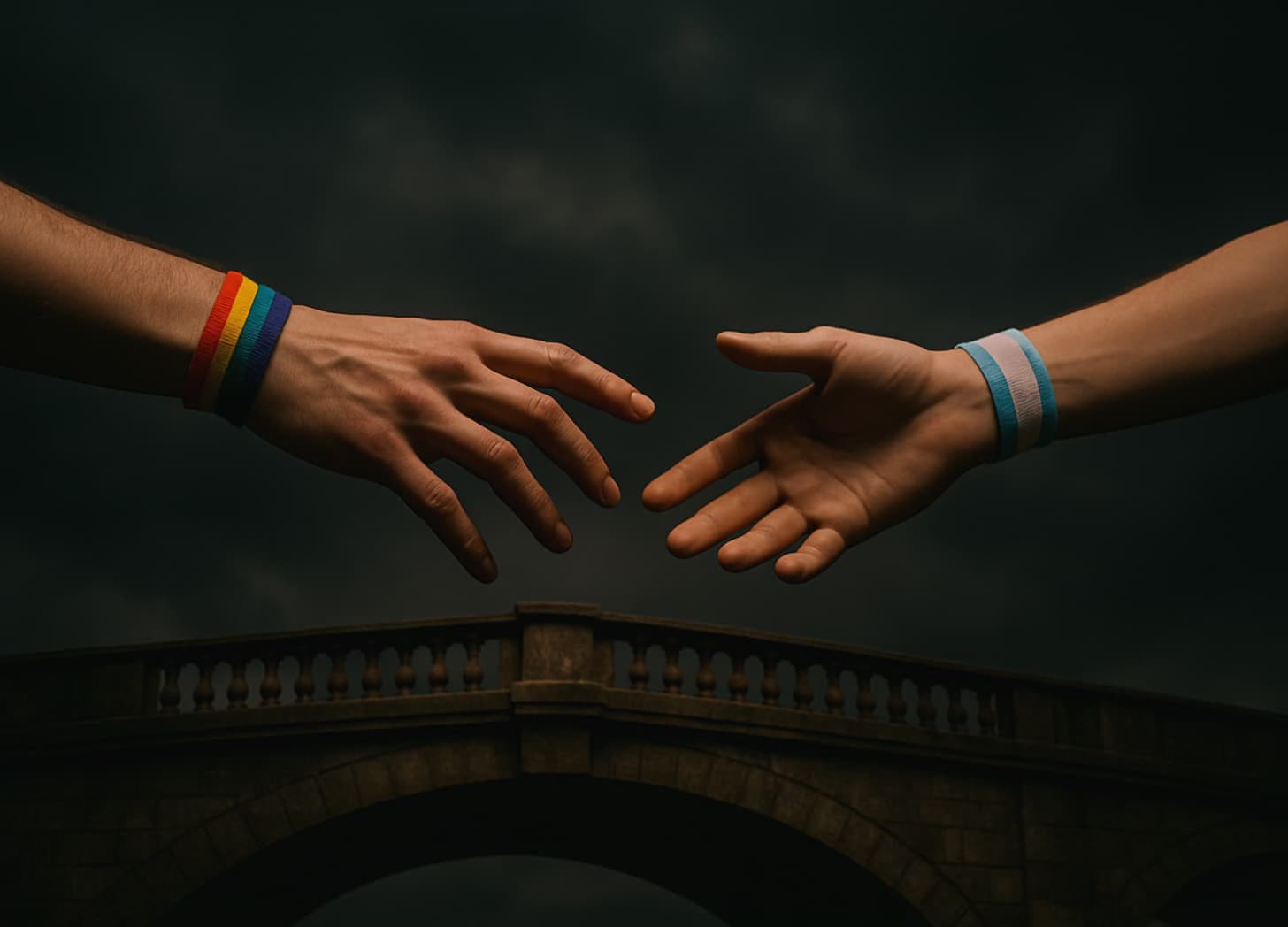 Two arms reaching across gap toward each other, one with rainbow bracelet one with trans flag colors