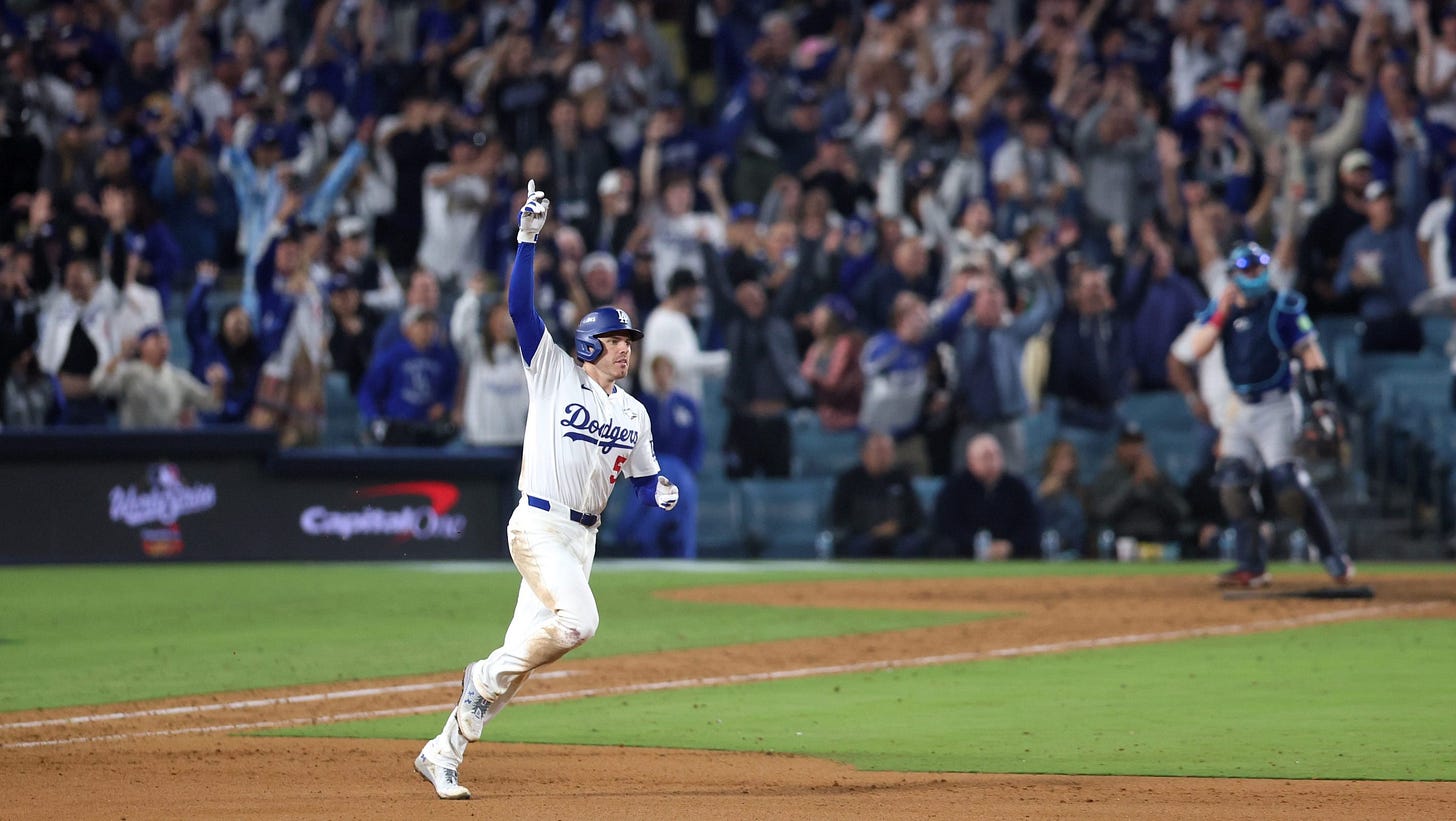 Freddie Freeman #5 of the Los Angeles Dodgers rounds the bases after hitting a walk-off home run in the 18th inning during Game Three of the 2025 World Series presented by Capital One between the Toronto Blue Jays and the Los Angeles Dodgers at Dodger Stadium on Monday, October 27, 2025 in Los Angeles, California.