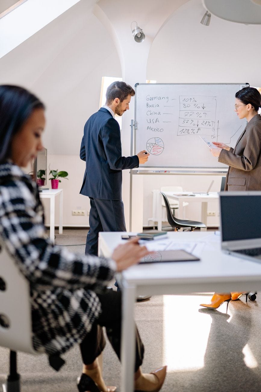 man and woman standing near the whiteboard man and woman standing near the whiteboard