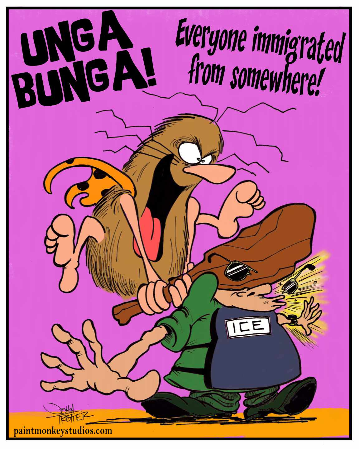 Ink and digital cartoon of Captain Caveman smashing an ice agent.