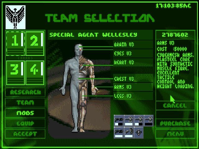 Syndicate (DOS) screenshot: Between the missions, update and equip your 4 agents.