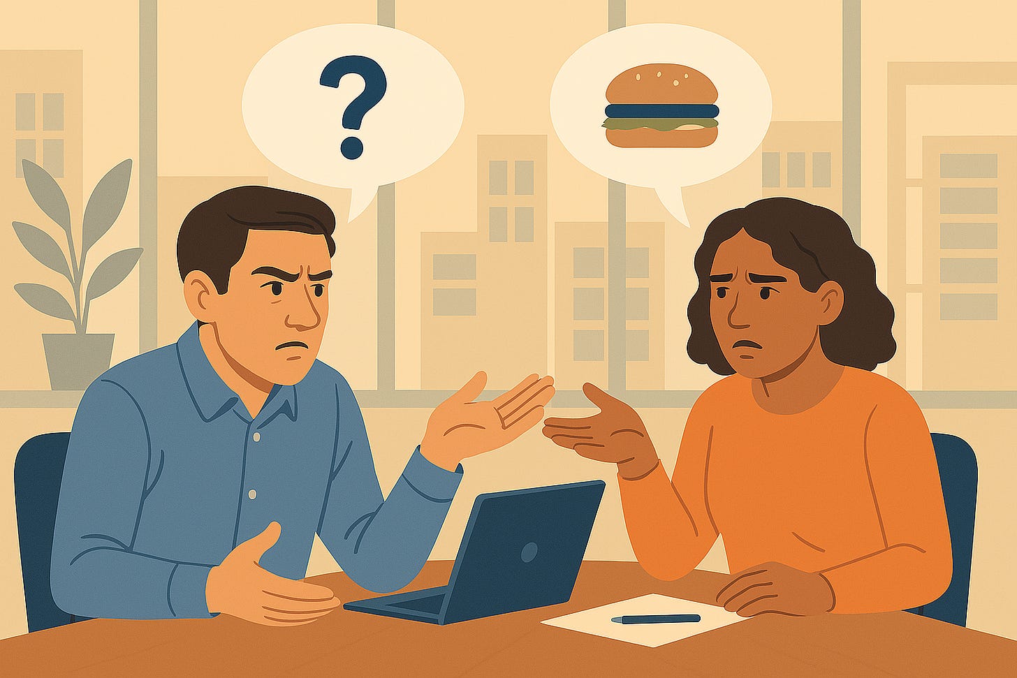 In a modern office, two coworkers sit across from each other at a meeting table, both looking confused and frustrated. Speech bubbles above their heads show completely unrelated topics, highlighting a sense of miscommunication and talking past each other.