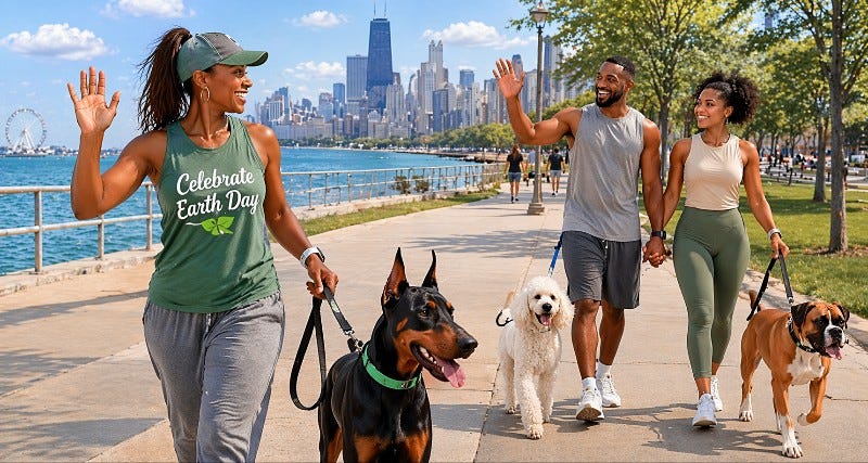 A Black woman with a Doberman waves to a Black couple walking their Boxer and French Bulldog on Chicago's lakefront. The woman is wearing a "Celebrate Earth Day" tank top.