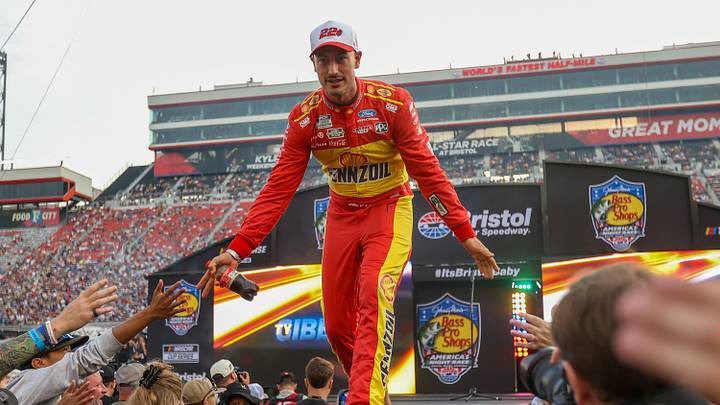 Sep 19, 2026; Bristol, Tennessee, USA; Team Penske driver Joey Logano (22) during driver introductions for the Bass Pro Shops Night Race at Bristol Motor Speedway. Randy Sartin-Imagn Images Sep 19, 2026; Bristol, Tennessee, USA; Team Penske driver Joey Logano (22) during driver introductions for the Bass Pro Shops Night Race at Bristol Motor Speedway. Randy Sartin-Imagn Images