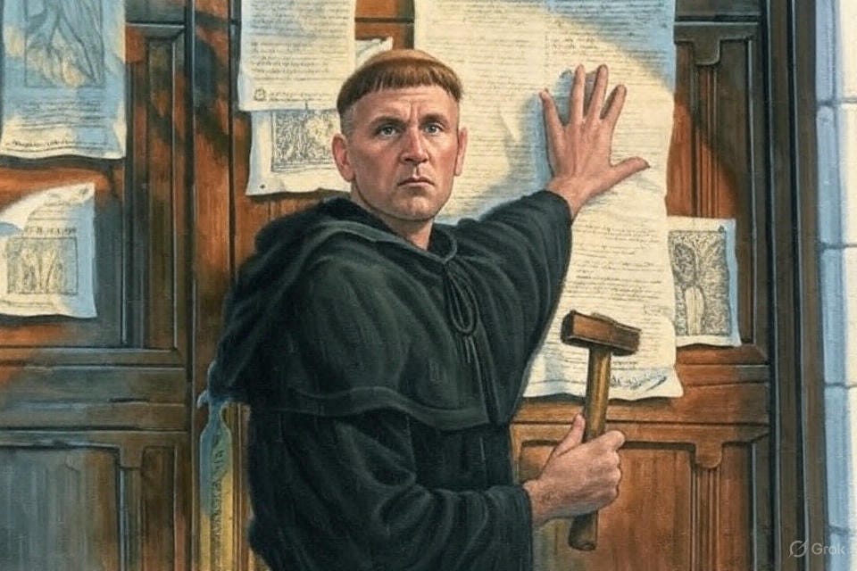 Charles J Schoch dressed like Martin Luther nailing up his theses to the door of city hall