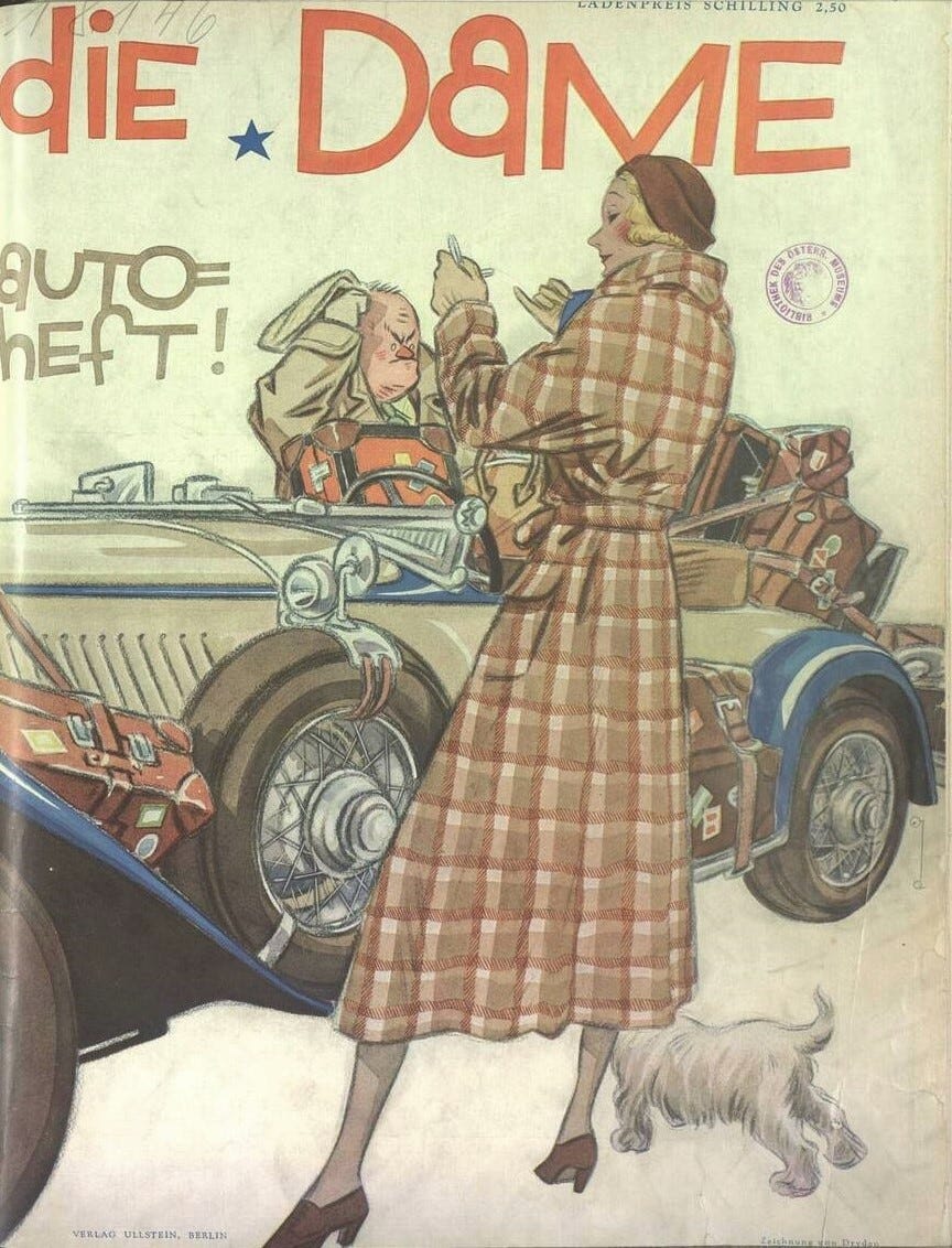 Ernst Deutsch-Dryden, cover of Die Dame, 1931, issue 11, the magazine's car issue. Ernst Deutsch-Dryden, cover of Die Dame, 1931, issue 11, the magazine's car issue.