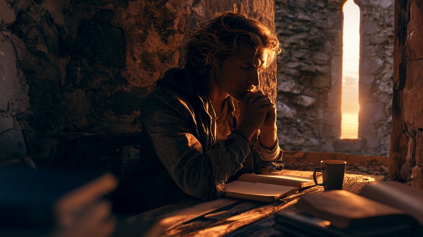 A weathered developer sits alone at a sparse wooden desk, soft morning light falling across an open notebook and a single cup of coffee