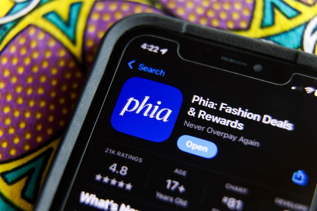 The Phia app listing in the Apple App Store on a smartphone.