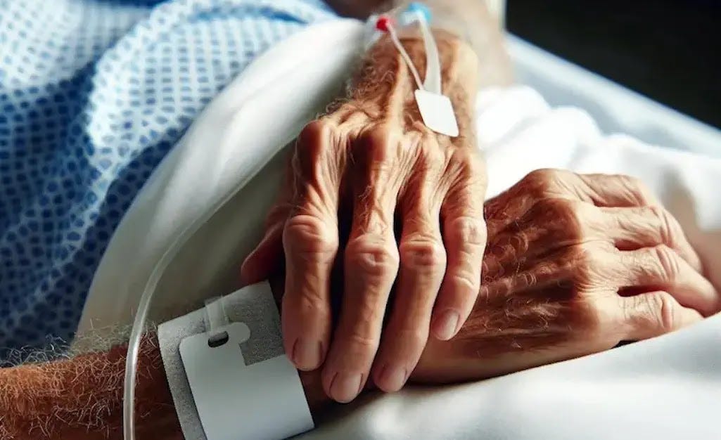 The camera captures the elderly patient's vulnerability and the importance of compassion in healthcare. An up-close image of the arm of a senior patient lying on a hospital bed, adorned with a medical bracelet on the wrist.