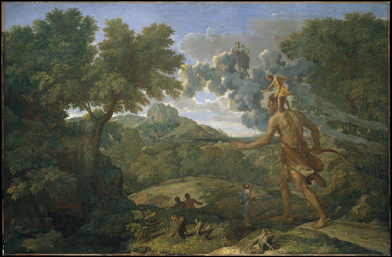 Blind giant Orion walks through a forest carrying his small guide on his shoulders