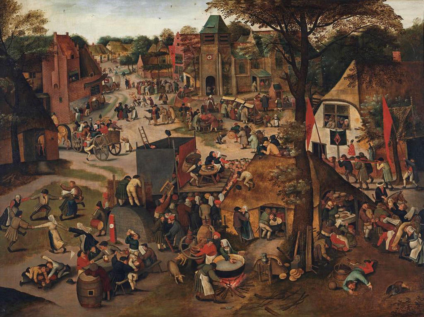 Painting of a bustling village scene with people engaged in various activities and buildings in the background. Painting of a bustling village scene with people engaged in various activities and buildings in the background.