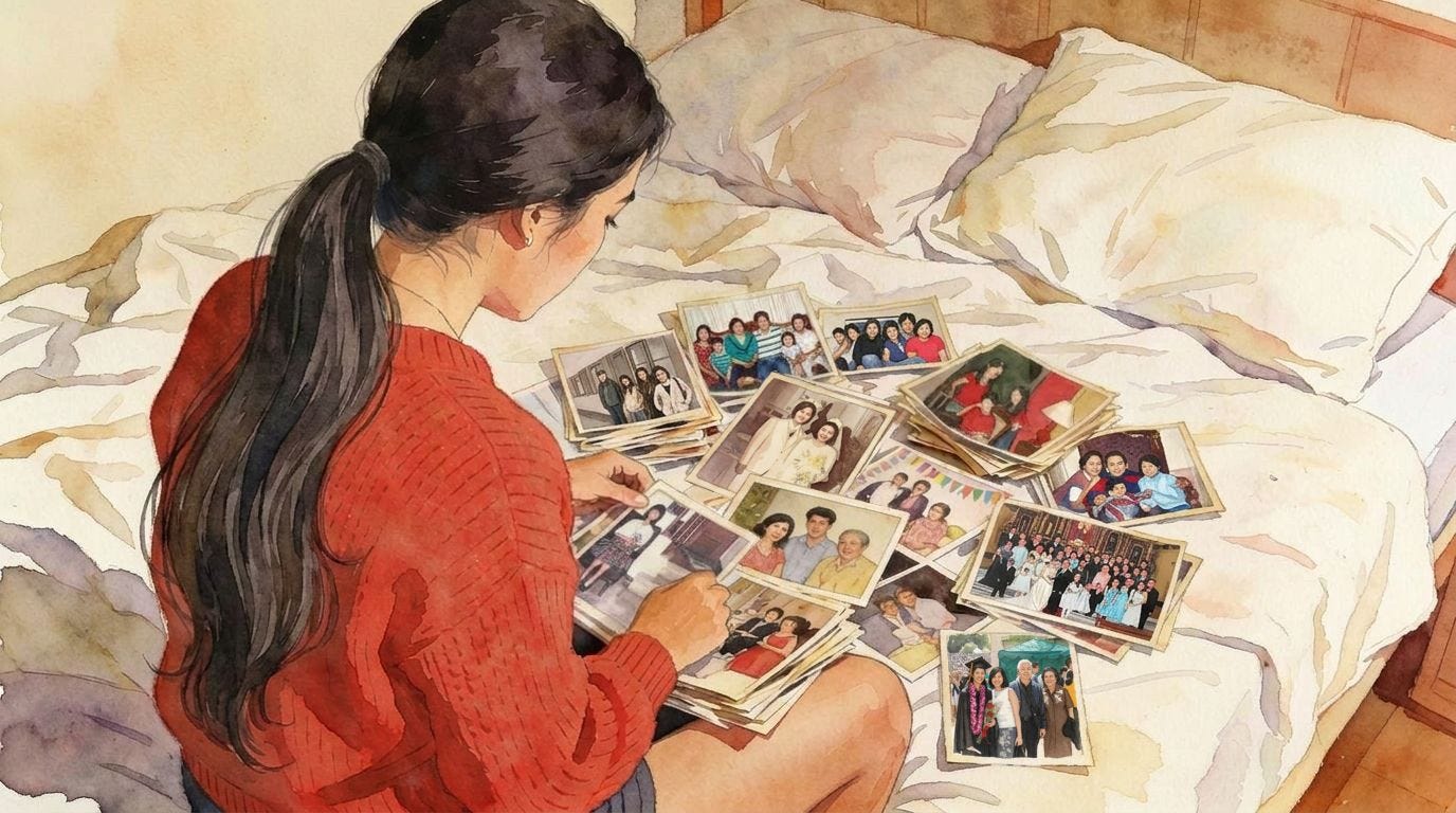 A soft watercolor illustration from behind of a young Asian woman with long black hair in a ponytail, wearing a cozy red sweater and shorts, sitting cross-legged on a white-sheeted bed in a warmly lit bedroom. She thoughtfully examines a scattered collection of old family photos on the bed—faded snapshots of weddings, group portraits, children, and gatherings featuring smiling relatives. A soft watercolor illustration from behind of a young Asian woman with long black hair in a ponytail, wearing a cozy red sweater and shorts, sitting cross-legged on a white-sheeted bed in a warmly lit bedroom. She thoughtfully examines a scattered collection of old family photos on the bed—faded snapshots of weddings, group portraits, children, and gatherings featuring smiling relatives.