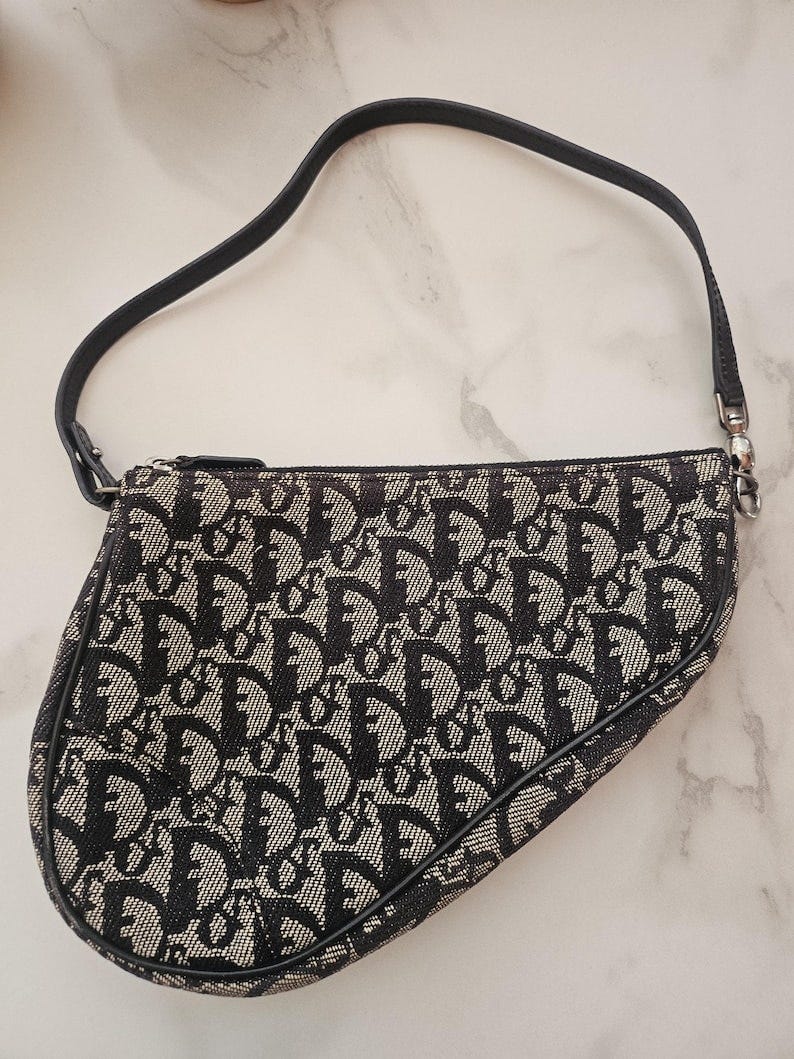 May include: A black and white saddle bag with a black strap. The bag is made of a fabric with a repeating pattern of the letters 'CD' and has a black trim around the edges.