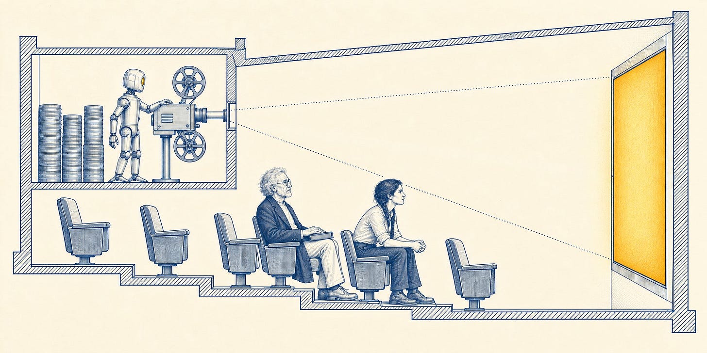 A sparse blue-ink engraving on warm cream showing a small cinema in cutaway. In the raised projection booth, a polished metal robot with a single amber eye rests a hand on a reel-to-reel projector beside tall stacks of film canisters. Below, an elderly man with a closed book on his knee and a woman with a thick braid, leaning forward, watch a screen glowing amber.