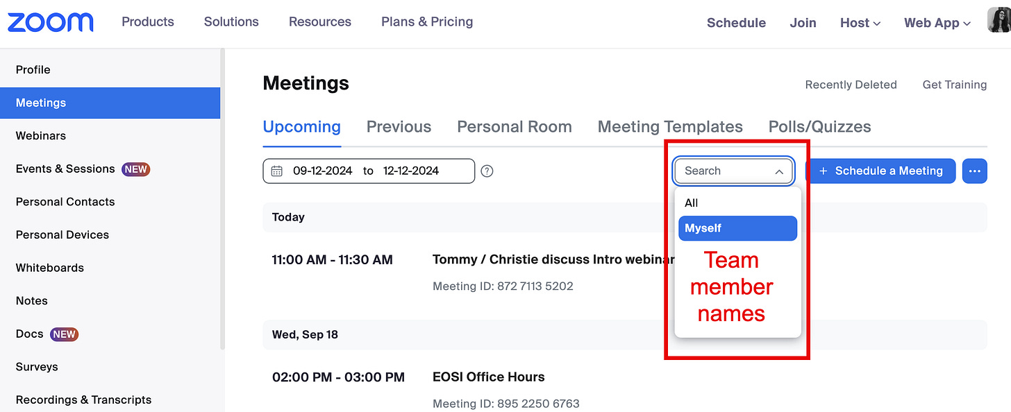 Image of screen to change view of upcoming meetings page in Zoom
