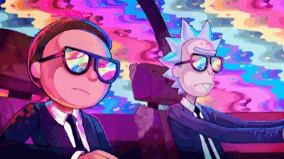 Illustrazione in stile cartoon dei personaggi Rick e Morty vestiti in stile "Men in Black" con completi neri e camicie bianche. Sono all'interno di un'auto; Morty è a sinistra con un'espressione neutra, mentre Rick è alla guida sulla destra con un lieve sorriso. Lo sfondo e i riflessi nei loro occhiali da sole mostrano un'esplosione di colori neon, forme fluide e motivi psichedelici nei toni del rosa, viola, blu e giallo.