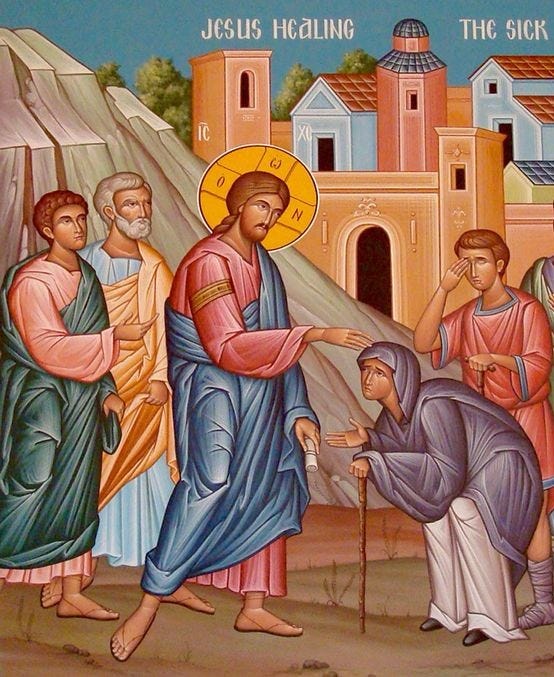 An icon depicts Jesus standing among a number of men as he heals a woman hunched over with a cane. The image is labeled "Jesus heals the sick."