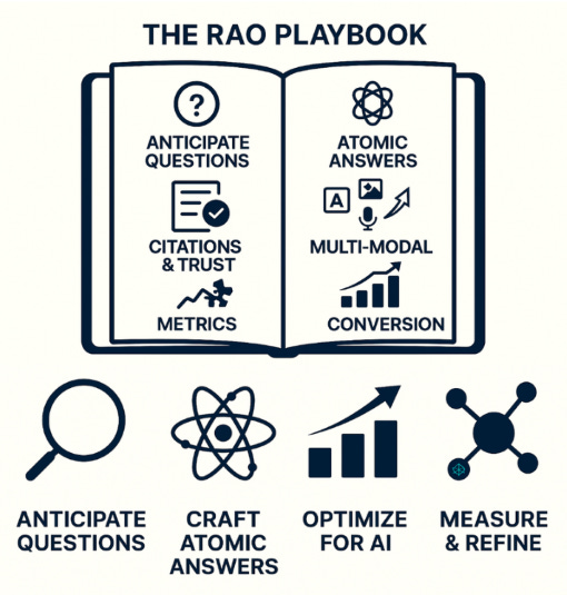 Illustration of an open book labeled ‘The RAO Playbook’ with icons representing key principles: anticipate questions, citations and trust, metrics, atomic answers, multi-modal formats, and conversion. Below the book are four icons with text: anticipate questions, craft atomic answers, optimize for AI, and measure & refine. Illustration of an open book labeled ‘The RAO Playbook’ with icons representing key principles: anticipate questions, citations and trust, metrics, atomic answers, multi-modal formats, and conversion. Below the book are four icons with text: anticipate questions, craft atomic answers, optimize for AI, and measure & refine.
