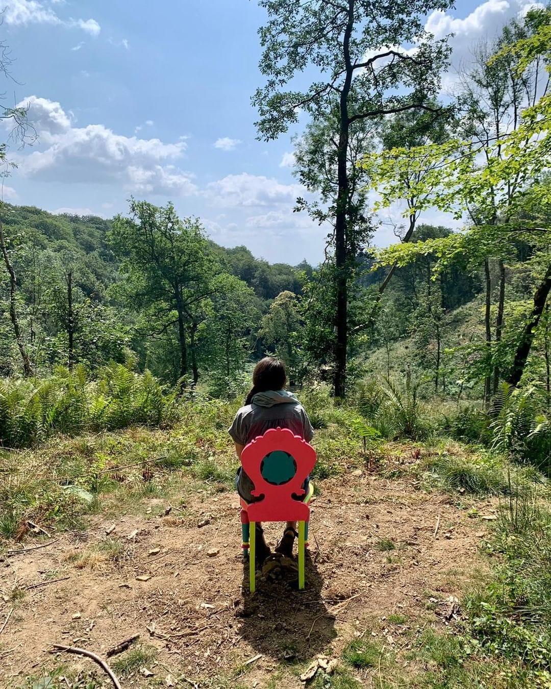 a person sitting in a brightly painted ornate chair facing a  view of trees taken from the back