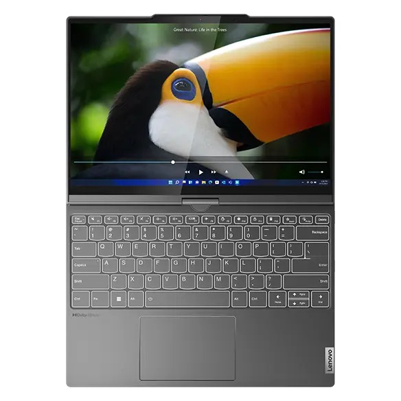 Lenovo ThinkBook Plus Gen 4 (13″ Intel) 2-in-1 laptop—view from above, lying flat with hinge open 180 degrees in notebook mode, with a close-up image of a toucan on the display