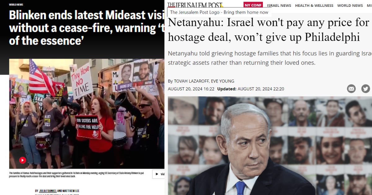 Screenshots from two August 20 articles around the latest failure of cease-fire talks; the first, from AP, discusses Blinken's return from the Mideast without progress, while the second, from Jerusalem Post, has Netanyahu explaining why the hostages aren't top priority.