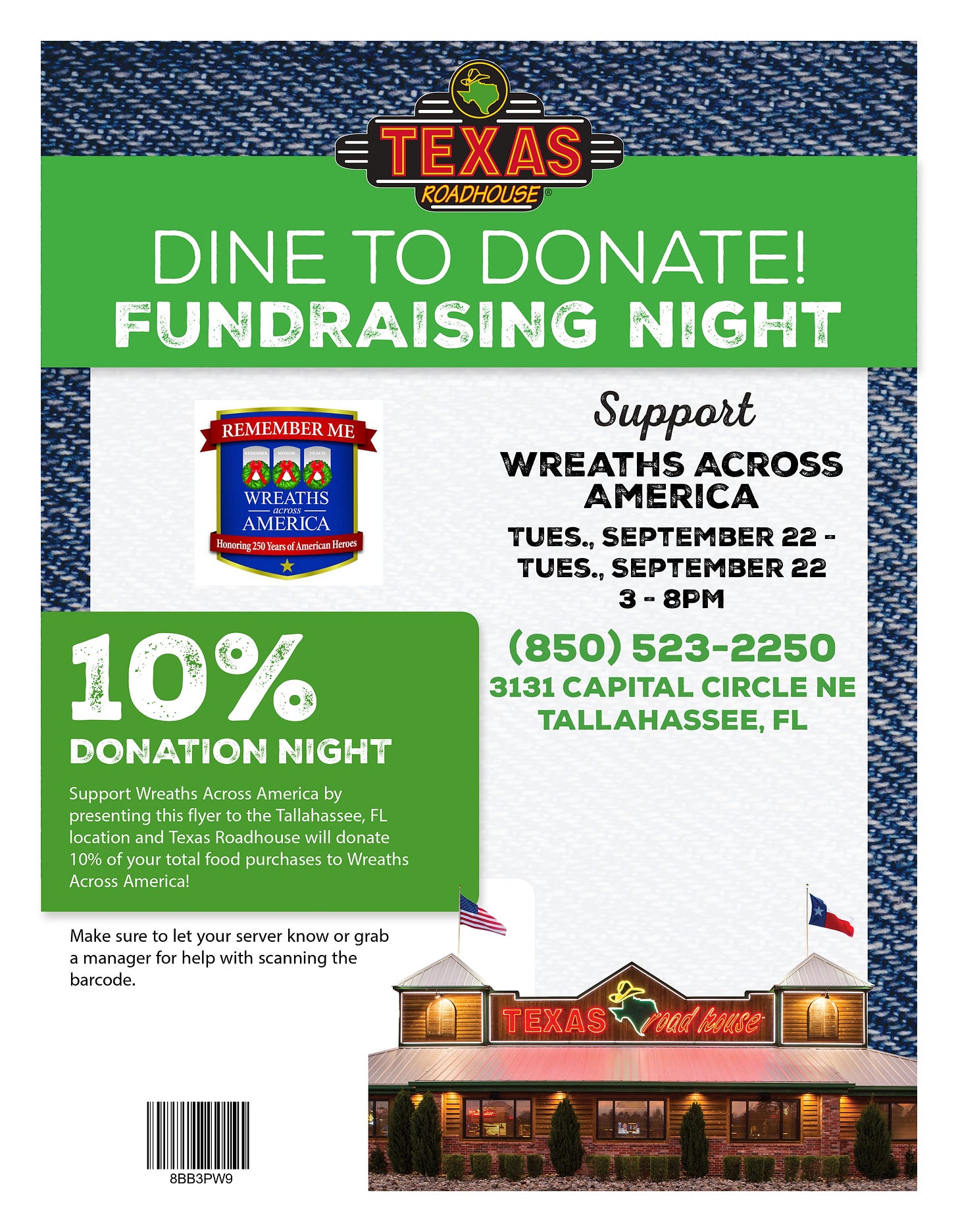 Texas Roadhouse “Dine to Donate” fundraising night flyer supporting Wreaths Across America, Sept. 22, 3–8 PM in Tallahassee, with 10% donation.