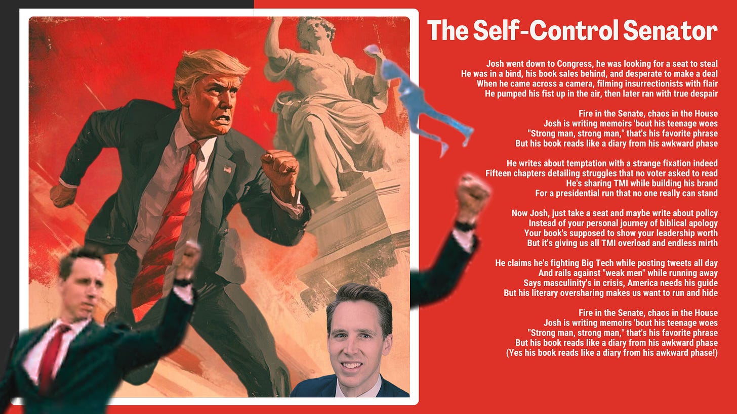 A propaganda poster style image featuring the complete lyrics to "The Self-Control Senator" set against a red background with classical imagery