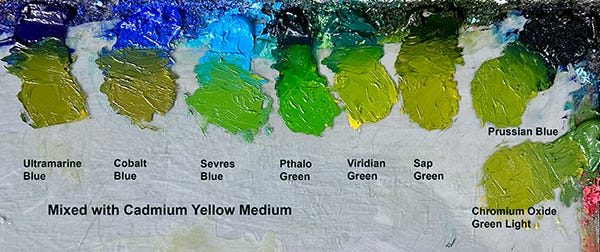 Photo of Palette with Cadmium Yellow Medium Green Mixes JM Hulsey