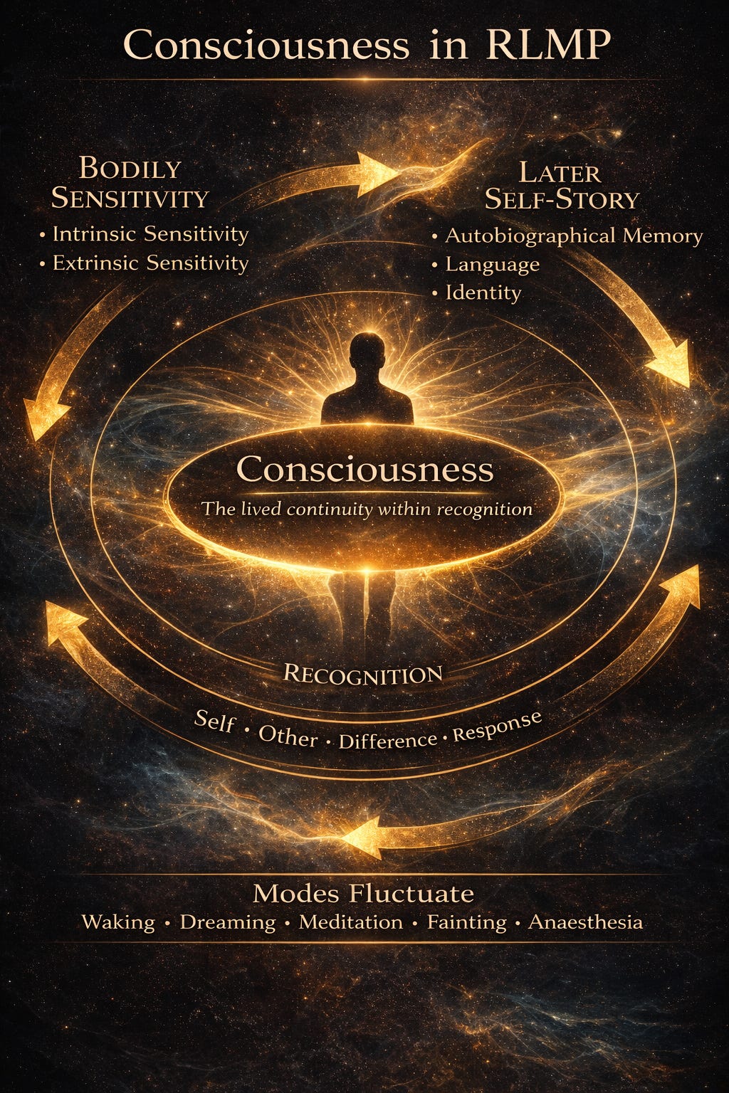 Infographic titled “Consciousness in RLMP” on a dark black-and-gold cosmic background. At the centre, a glowing human silhouette stands within concentric elliptical rings labelled Consciousness and Recognition. Around the outer area are two side panels: Bodily Sensitivity on the left, listing intrinsic and extrinsic sensitivity, and Later Self-Story on the right, listing autobiographical memory, language, and identity. Along the lower ring appear the terms self, other, difference, and response. At the bottom, a band labelled Modes Fluctuate lists waking, dreaming, meditation, fainting, and anaesthesia. Curved arrows suggest dynamic movement between layers and modes.