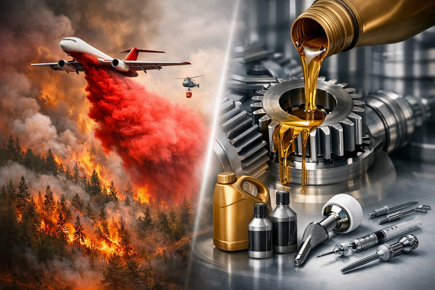 Aerial firefighting plane releasing red retardant over forest alongside clean industrial machinery and medical components Aerial firefighting plane releasing red retardant over forest alongside clean industrial machinery and medical components