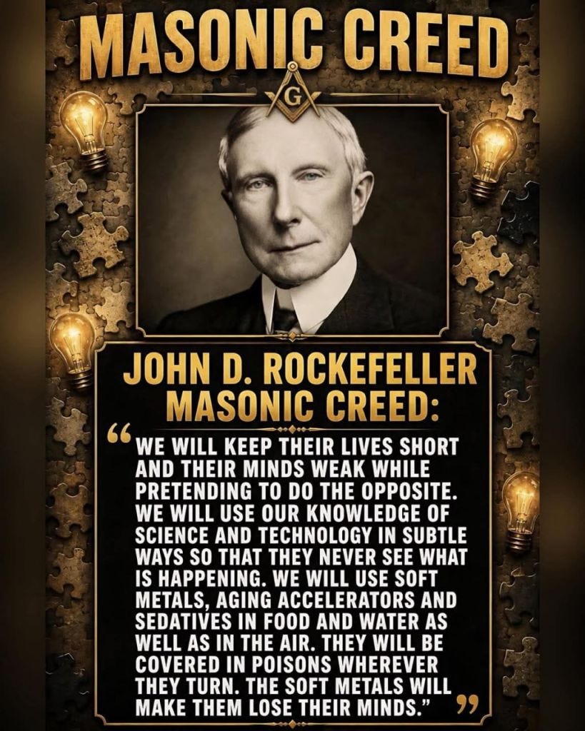 A quote from John D. Rockefeller's "The Masonic Creed", which deals with control over people's lives and thoughts. A quote from John D. Rockefeller's "The Masonic Creed", which deals with control over people's lives and thoughts.