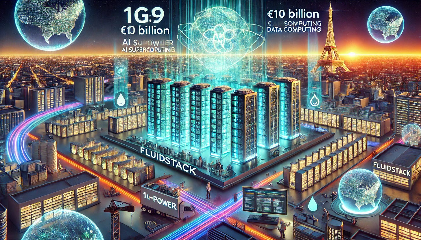 A 16:9 futuristic illustration showcasing Fluidstack's ambitious €10 billion AI supercomputing project in France. The scene features a massive AI supercomputer facility with glowing Fluidstack-branded data centers, interconnected by vibrant energy streams representing low-carbon infrastructure. Holographic overlays highlight the 1GW power capacity and 2026 launch timeline. Engineers and robotic systems manage the advanced AI hardware, while a futuristic French city skyline in the background emphasizes the scale and significance of this AI computing leap.