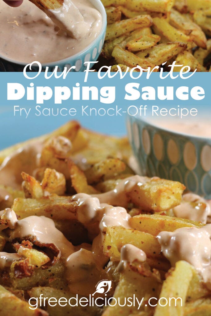 Pinterest graphic 800x1200px closeup of fries with a drizzle of our favorite dipping sauce.