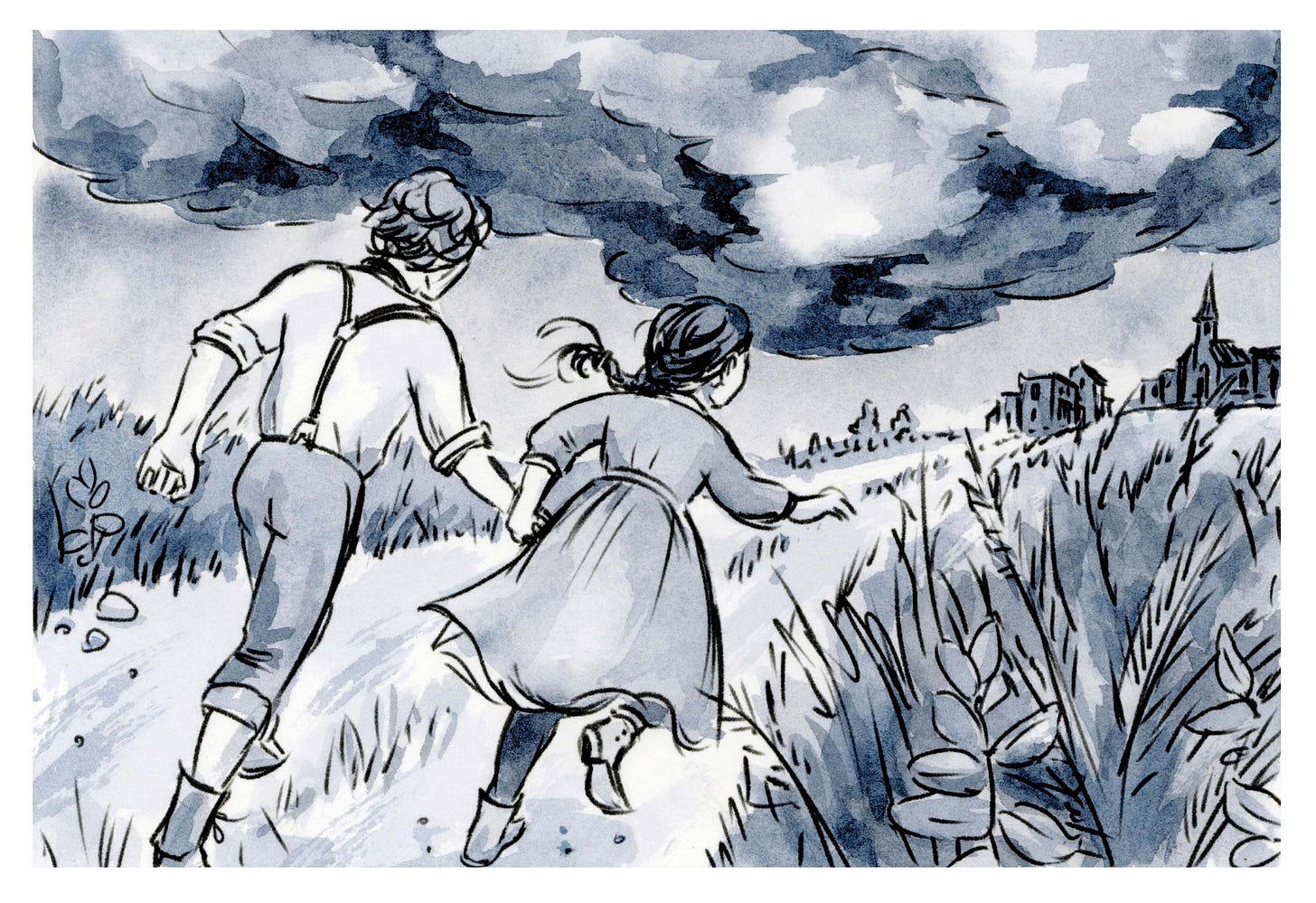 Watercolor comic page from graphic novelist K. Woodman-Maynard’s graphic novel adaptation of Tuck Everlasting.
