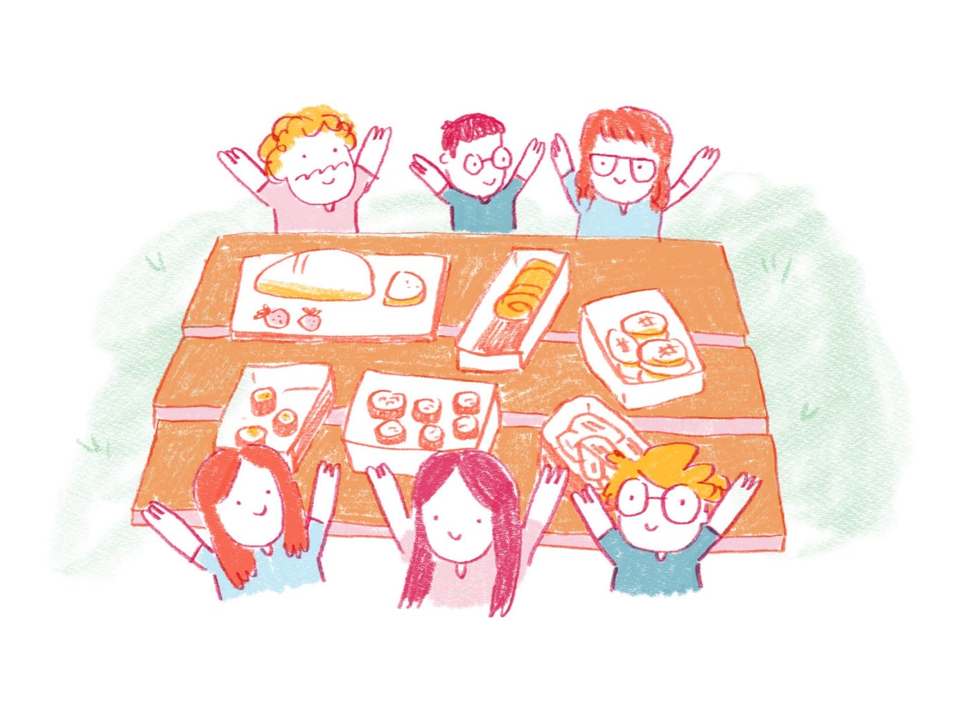 Drawing of 6 smiling people with their arms up in the air, sitting at picnic table full of different foods.