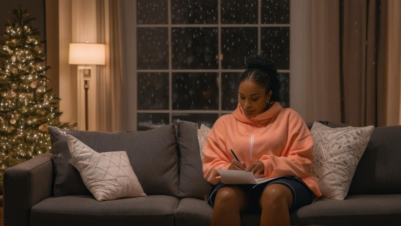 African American woman in peach sitting in an urban  room sitting on the couch while writing a letter with a wintry rain night no tree by fireplace